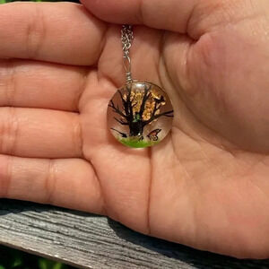 Resin Flower Pressed & Tree Circle Pendant Charm Stainless Steel Necklace